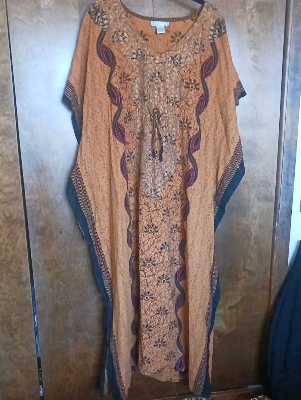 Embroidered Rust Maxi Caftan Dress with Tassel Detail